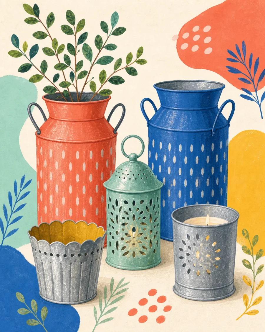 Playful illustrated collection of decorative metal vases, lanterns and candle holders