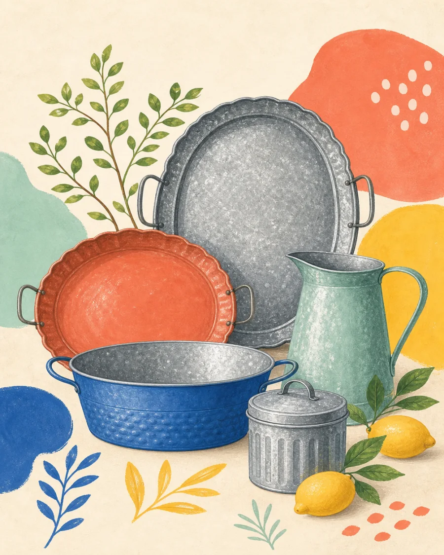 Playful illustrated collection of metal trays, bowls, platters and a jug