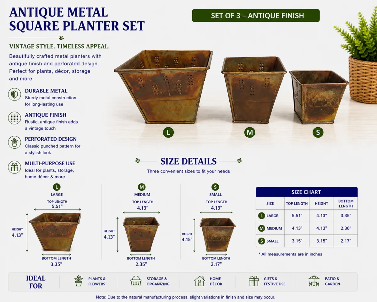 Antique finish square metal planter set of three, Handikraft SKU 202505GI27