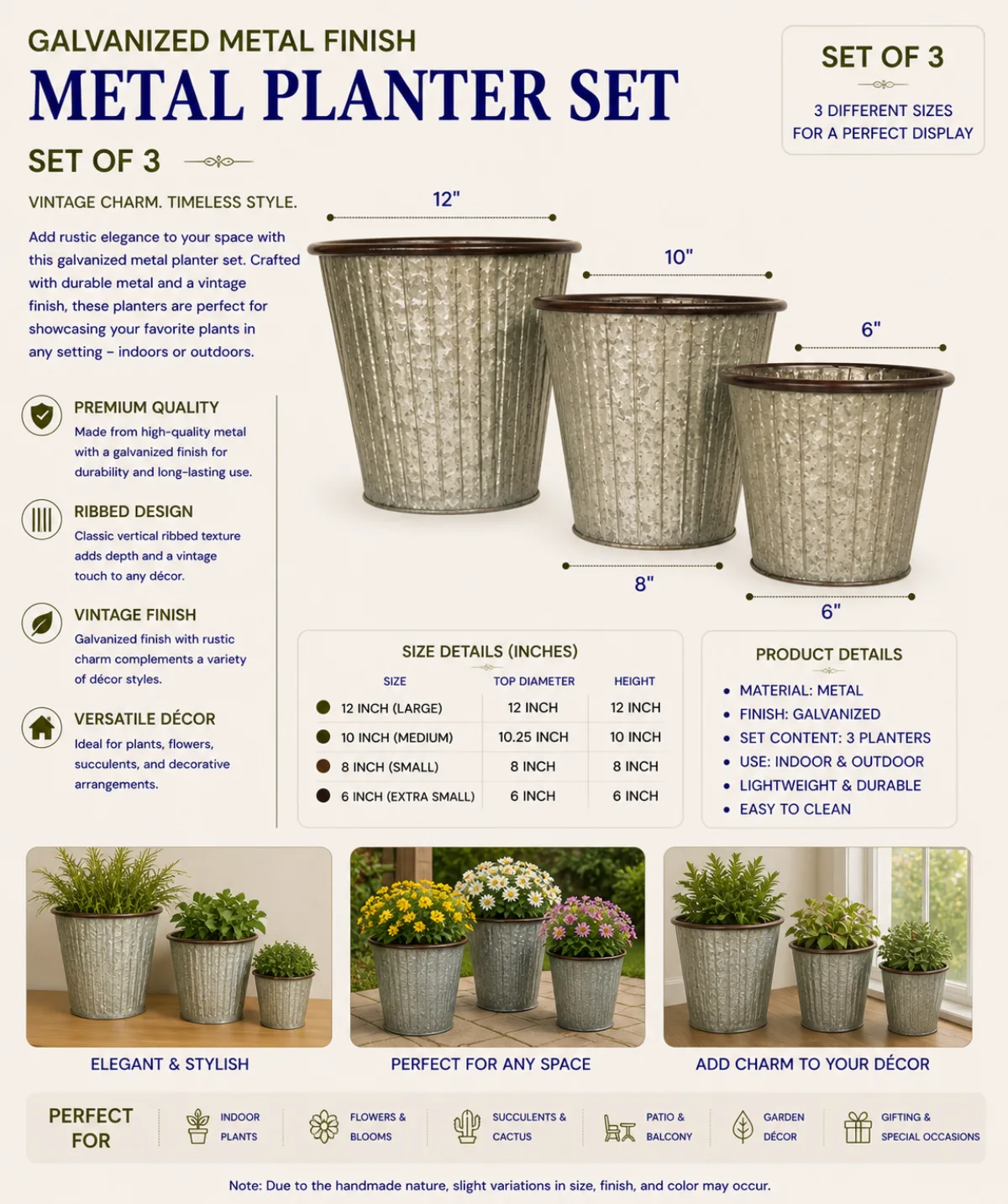 Galvanized metal planter set of three with rolled rims, Handikraft SKU 202505GI34