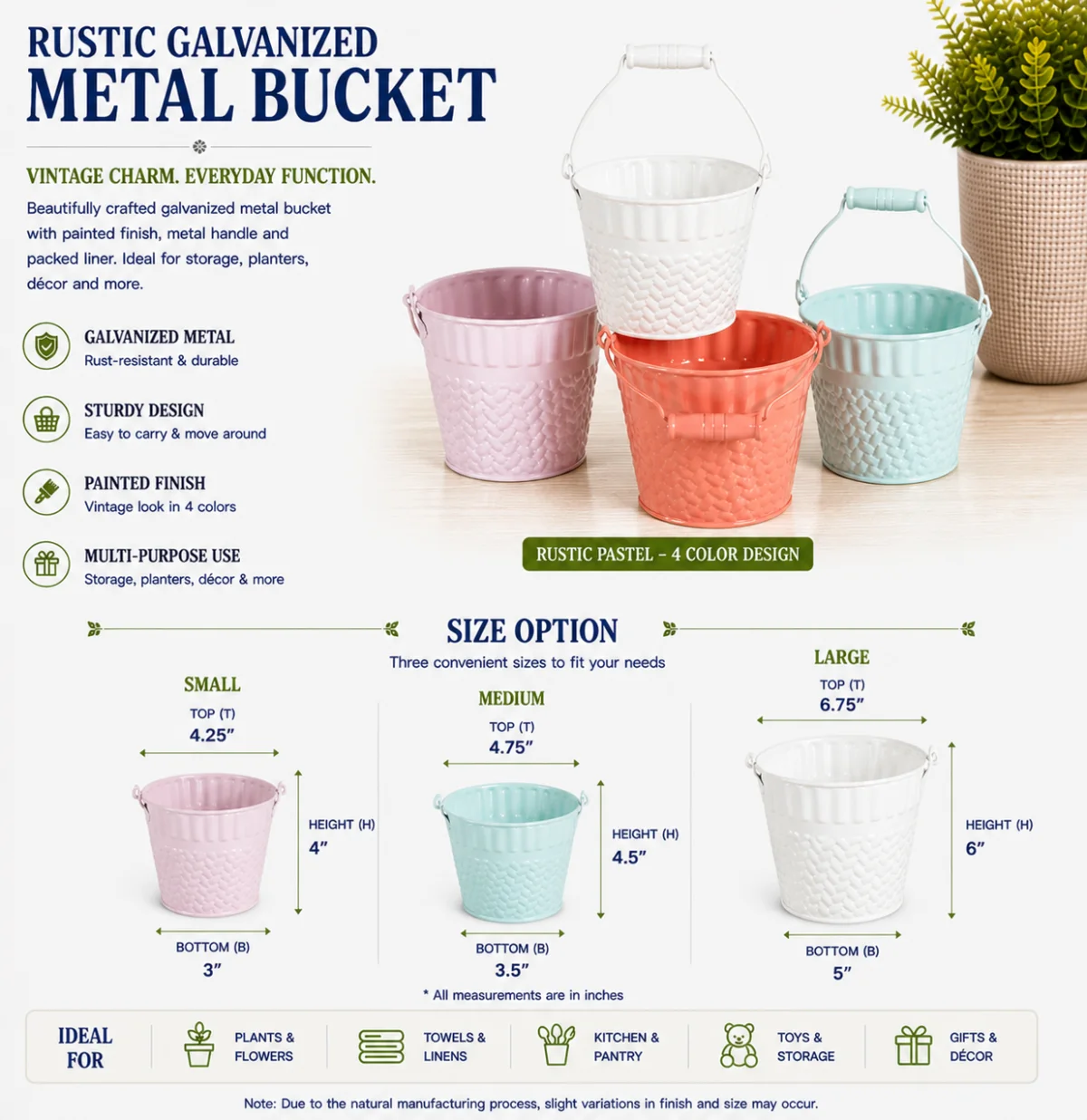 Pastel galvanized hanging planter pails with handles in four colours, Handikraft SKU 202505GI13
