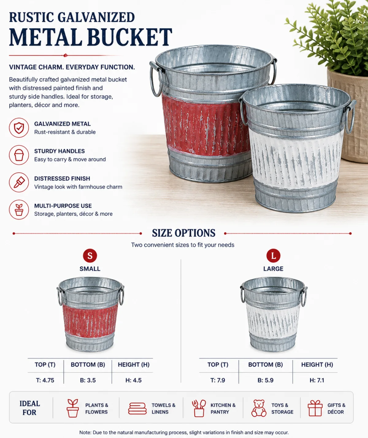 Rustic galvanized metal bucket planter set in two sizes, Handikraft SKU 202505GI01